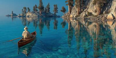 Man rowing a small boat on crystal clear water surrounded by serene landscapes in the early morning photo