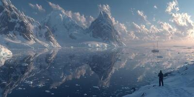 Majestic icebergs reflect in tranquil waters under a vibrant sky near towering mountains in a remote location photo