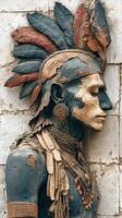 Statue of an indigenous warrior with colorful feathers in a historic location photo