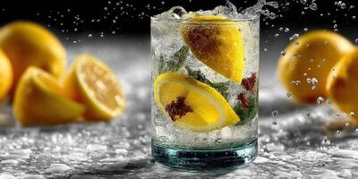 Refreshing citrus drink with lemon slices and ice in a glass during a summer day photo