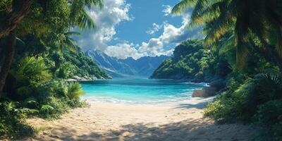 Serene tropical beach with turquoise waters and lush green foliage on a sunny day photo