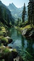 Serene mountain landscape with clear waters reflecting towering peaks in bright daylight photo