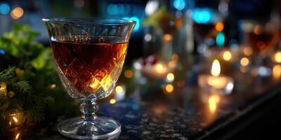 Elegant glass of dark drink with blurred lights and decorations in a cozy bar setting during the evening hours photo