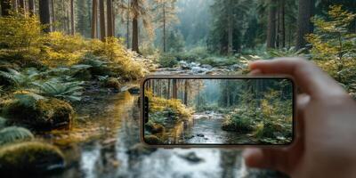 Capturing nature's beauty through a smartphone in a peaceful forest stream on a sunny afternoon photo