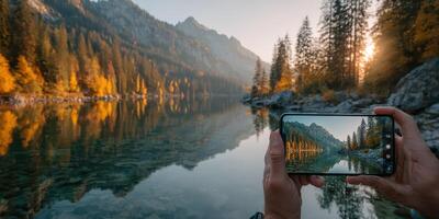 Capturing autumn reflections in the serene landscape with smartphone at a mountain lake during sunset photo
