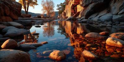 Scenic river reflecting autumn colors in tranquil canyon at sunset near peaceful outdoor location photo