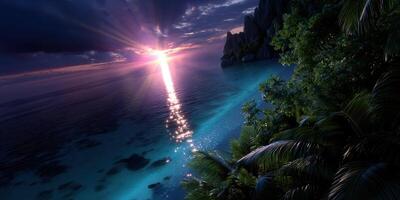 Sunset over tranquil ocean with shimmering water and lush tropical landscape photo