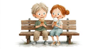 Two children enjoying ice cream on a park bench during a sunny day in a cheerful outdoor setting photo