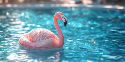 Bright inflatable flamingo floating in a tranquil blue pool during a sunny summer afternoon photo