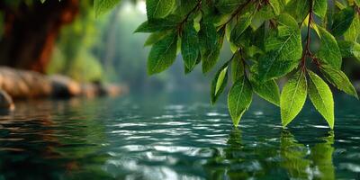 Tranquil water reflecting lush green leaves in a serene natural setting at dawn photo