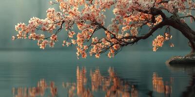 Blossoming cherry tree reflects in tranquil lake at dawn creating a serene landscape photo