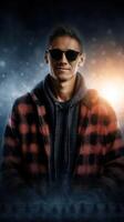 Young man stands confidently wearing sunglasses and a stylish jacket in a moody lit environment photo