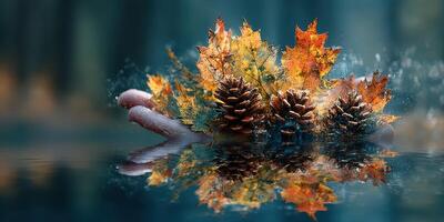 Autumn leaves and pine cones floating on a calm water surface create a serene, seasonal atmosphere in a forest setting photo