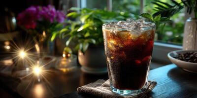 Refreshing cold beverage with ice and mint on a wooden table beside plants in a cozy indoor setting during evening hours photo