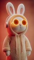 Cute rabbit wearing sunglasses and headphones in a cozy setting with an orange glow photo