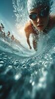 Competitive swimmer dives into water during race with powerful strokes and determination on a sunny day in a pool setting photo