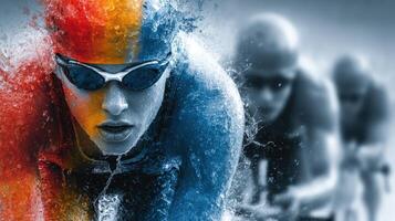 Colorful athlete swimming in triathlon competition with competitors visible in the background photo