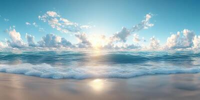 Sunrise over the calm ocean with gentle waves and fluffy clouds in a serene sky photo