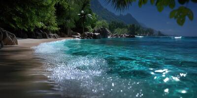 Stunning beach view with clear turquoise water and gentle waves under the moonlight near lush greenery and mountains photo