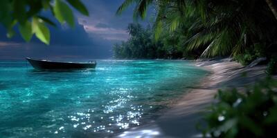Calm tropical beach at dusk with a lone boat anchored in clear turquoise water surrounded by palm trees and gentle waves photo