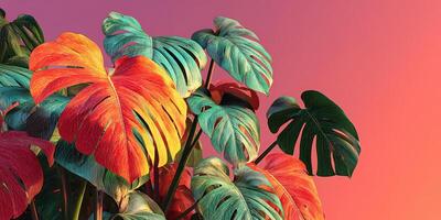 Colorful tropical leaves create a vibrant display against a soft gradient background during sunset hours photo