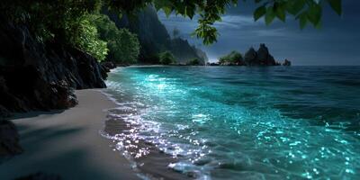 Serene nighttime beach scene with glowing water and lush greenery under moonlight photo