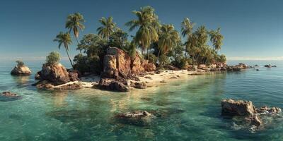 Tropical island paradise with clear waters and lush palm trees on a sunny day photo
