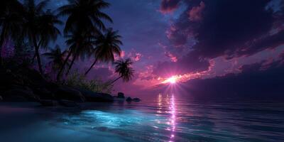 Vibrant sunset over tranquil ocean with palm trees illuminated by fading light photo