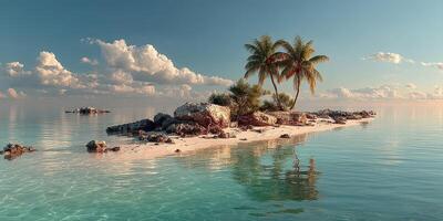 Tranquil tropical island with palm trees under a bright sky and calm waters at sunset photo
