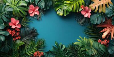 Vibrant tropical foliage with colorful flowers creating a lively border on a blue background photo