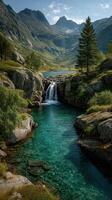 Stunning waterfall cascades into clear turquoise water surrounded by mountains in a serene valley under a bright blue sky photo