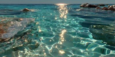 Bright sun reflection creates sparkling patterns on clear ocean water in a serene coastal scene photo