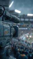 Camera captures intense moments during a live sports event at a stadium in the evening photo