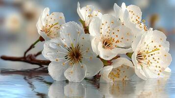 Beautiful white cherry blossom flowers with droplets on a reflective surface in spring morning light photo