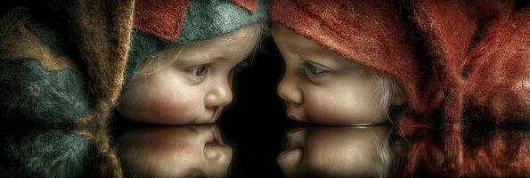 Two children in colorful hats gaze into the mirror as reflections create a captivating and intimate moment photo