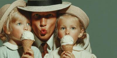 Smiling man enjoys ice cream cones with two young girls on a sunny day in a playful outdoor setting photo
