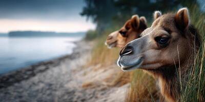Camels enjoying tranquility by the water's edge at dusk in a serene natural setting photo