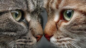 Two cats face each other with intense expressions in close proximity showcasing their striking features and colors photo