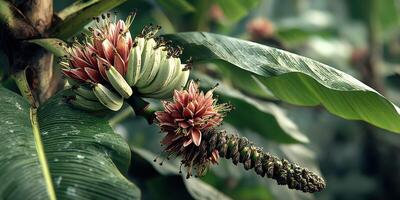 Vibrant flowering banana plant showcasing unique blossoms in a tropical garden photo