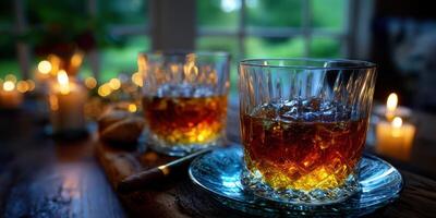Enjoying fine whiskey on a cozy evening with soft candlelight illuminating the room photo