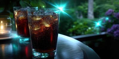Refreshing drinks served outdoors in a serene garden setting during the evening hours with ambient lighting photo