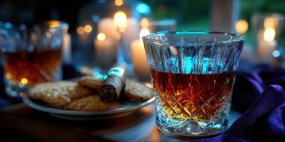 Elegant setting with whiskey, cookies, and a cigar illuminated by soft candlelight in a relaxed atmosphere photo
