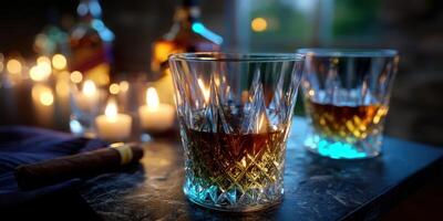 Whiskey glasses on a table with candles creating a warm, inviting atmosphere at night photo