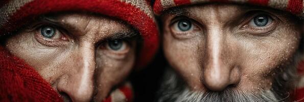Close-up of two men with distinct features and expressions under cozy wool hats in winter setting photo