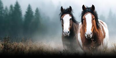Horses standing majestically in a misty meadow at dawn surrounded by dark silhouettes of trees photo