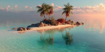 Serene tropical island with palm trees under a vibrant sunset sky reflecting in calm turquoise waters photo