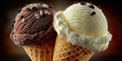 Delicious chocolate and vanilla ice cream scoops served in waffle cones with chocolate sprinkles photo