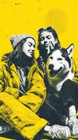 Two women enjoy a sunny day outdoors with a husky dog while wearing colorful jackets and stylish accessories photo