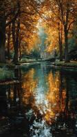 Peaceful autumn afternoon by the river with vibrant trees reflecting on the water near a quaint house photo