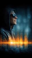 Young person in hoodie with sunglasses against colorful audio visualization in dark setting photo